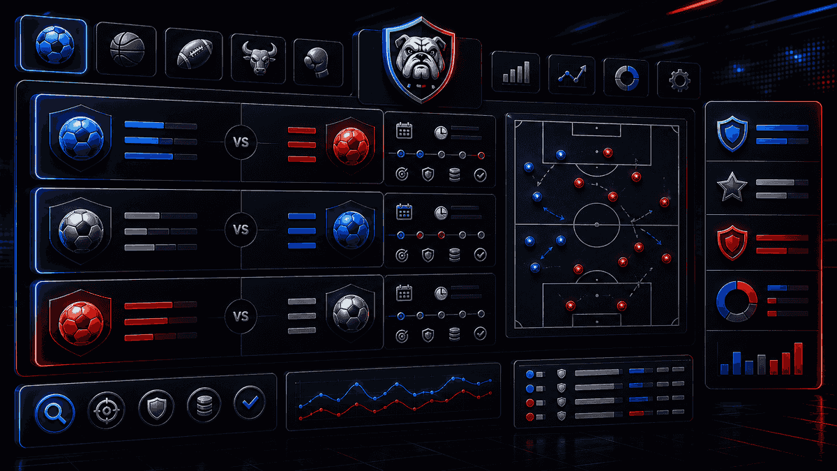 Dark sports predictions dashboard with matchup cards and source-check panels