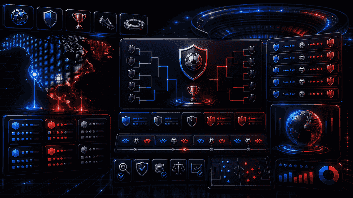 Dark World Cup 2026 tournament dashboard with bracket cards and North America host nodes